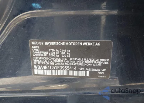 2015 BMW 435I Gran Coupe from USA, damaged, VIN WBA4B1C51FD955414